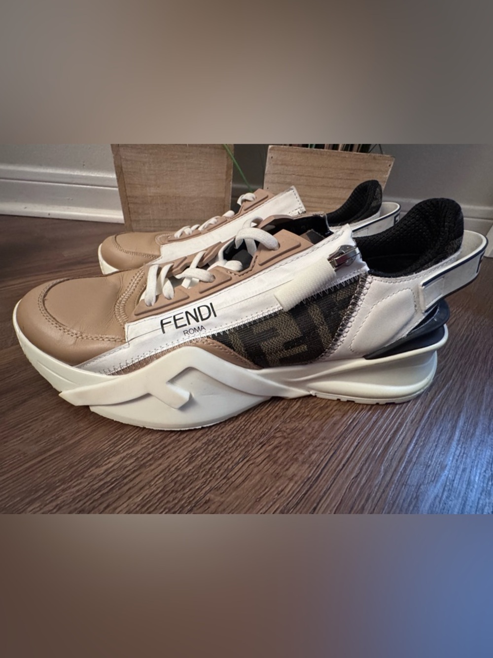 Authentic Fendi Women Beige, Brown and White FF Logo Runner - Picture 6 of 13